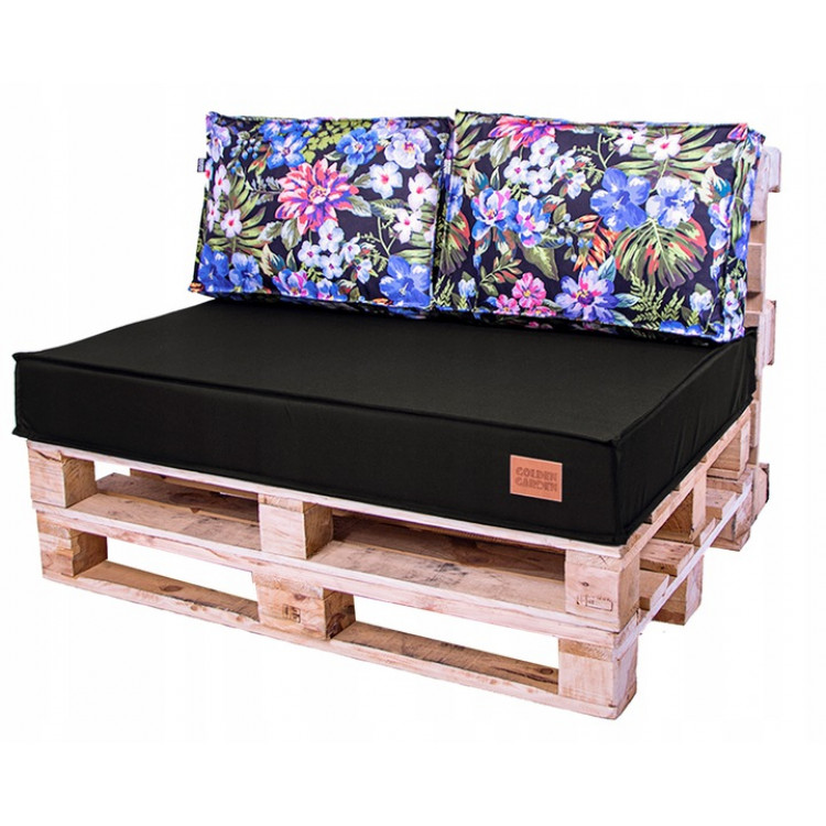 Paletové sedenie Golden Garden GG22 podsedák a vankúš 120cm x 80cm x 15cm Čierne s kvietkami